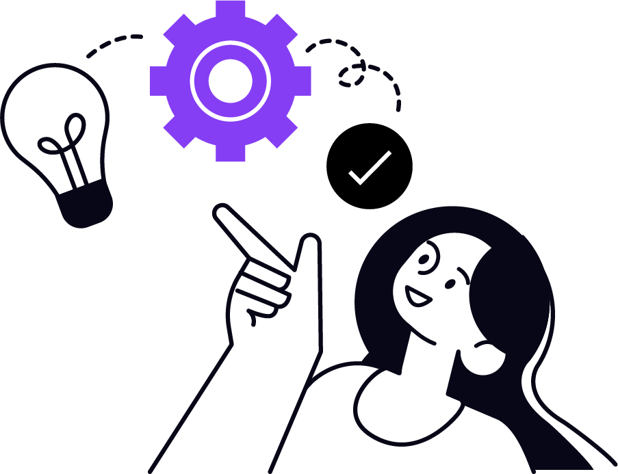 illustration of woman looking at a checkmark, gear, and lightbulb