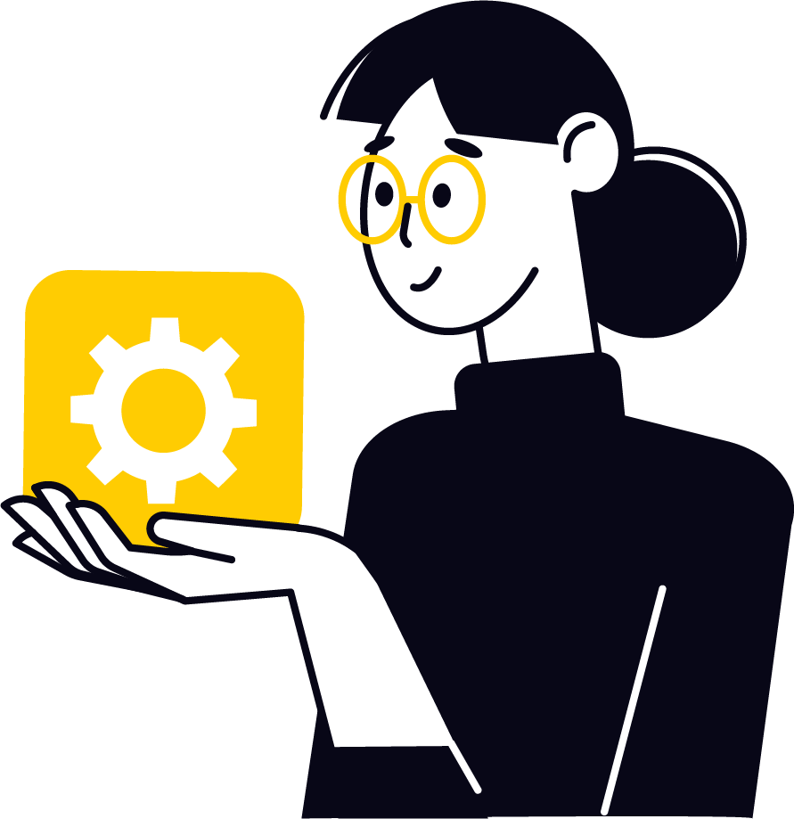 scale-without-chaos-hero illustration of woman in glasses looking at a gear and smiling